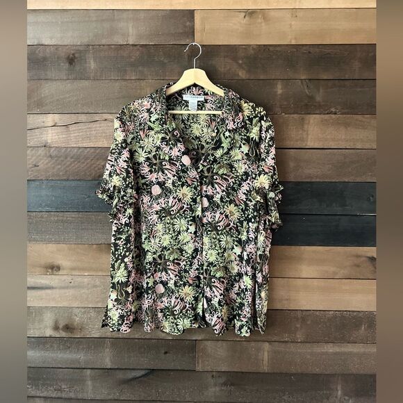 90s Vintage Sheer Floral Ruffled Short Sleeve Sag Harbor Blouse Size 2X - Picture 6 of 10